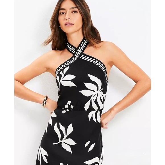 LOFT NWT Fern Linen Blend Black White Halter Lined Mini Dress Size 14 - Picture 2 of 10